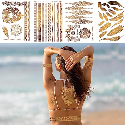Gold Temporary Tattoos - 9 Sheets, 110+ Metallic Designs