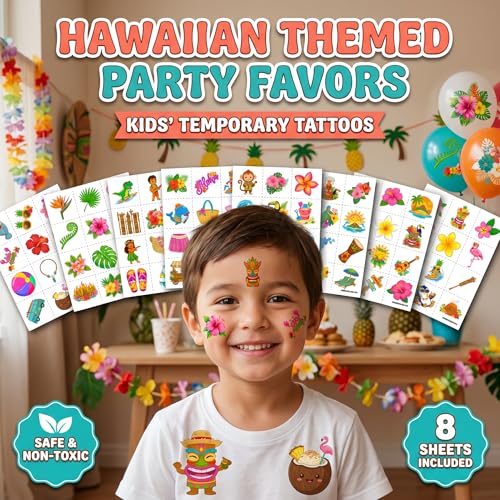 96 PCS Hawaiian Luau Temporary Tattoos for Kids
