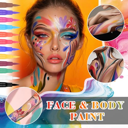 12 Color Waterproof Face Body Paint Markers - Matte Temporary Tattoo Pen