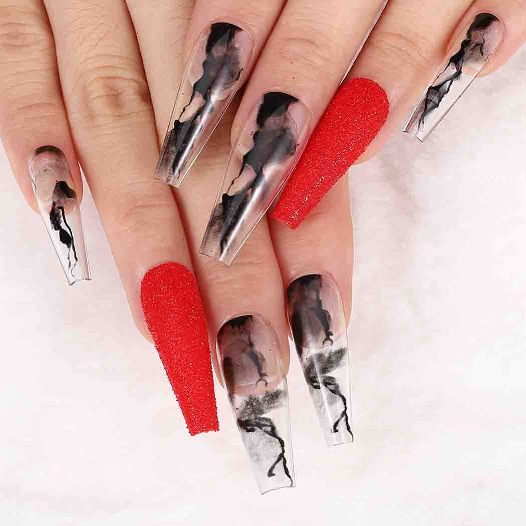 Outyua Smoke Pattern Fake Nails Coffin Red&Black Extra Long Press on Nails with Designs Ballerina Acrylic Glossy False Nails Designer Full Cover Artificial Nails for Women and Girls 24Pcs (Red)