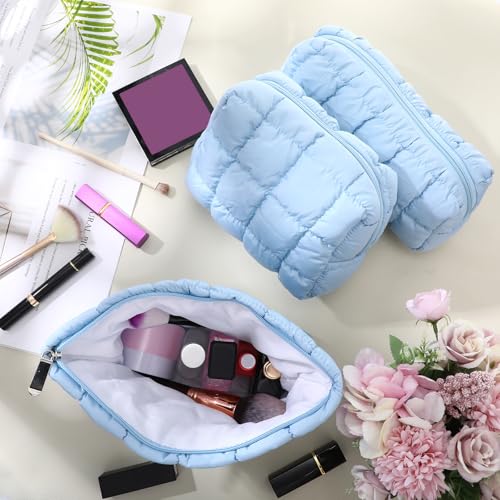 Huhumy Medium Blue Checkered Puffy Makeup Bag Set for Women