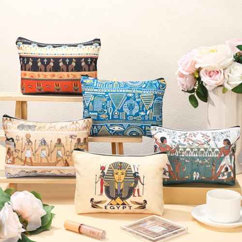 Kacctyen 9 Pcs Egyptian Makeup Bags Egyptian Gifts Cosmetic Pouch Ancient Egypt Canvas Purse Mythology Pharaoh Hieroglyphs Travel Toiletry Bag Gift for Egypt Lover