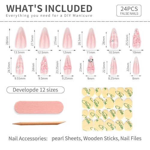 Mivota 3D-74-Pink Long Almond Press On Nails with Cherry Rhinestone Design, Reusable Fake Nails Set