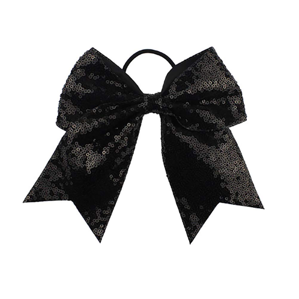 Girls Cheer Bow Ponytail Holder Big Hair Bow Tie with Glitter Sequins Bowknot JB80 (White Black)