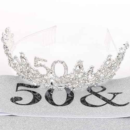 TOBATOBA 50th Birthday Decorations - 50 & Fabulous Birthday Crown & Sash Set, Silver 50th Birthday Gifts for Her