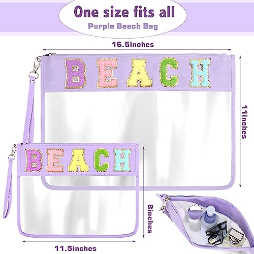 Zubebe 2 Size Chenille Letter Clear Beach Bag Clear Cosmetic Zipper Pouch Preppy Beach Vacation Waterproof Travel Organizer Toiletry Makeup Bag for Women, 16.5 x 11 Inches and 11.5 x 8 Inches