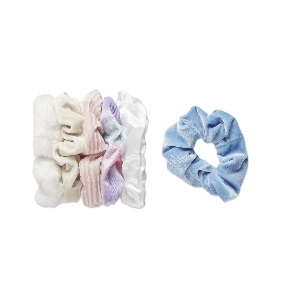 The Original Scrunchie® Girls Fashion Gift Set Includes 6 Unique Designs: Pastel Rainbow Velvet, Cream Velour, Pink Velvet, White Faux Fur, Blue Velour, White Satin in Presentation Box