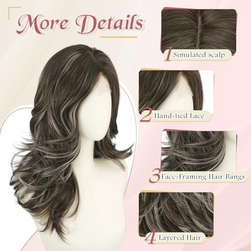 20 Inch Ash Brown Layered Wig with Curtain Bangs - Natural Lace Front