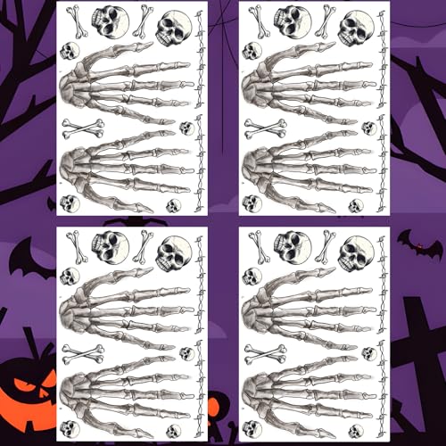 Fun Halloween Temporary Tattoos for Kids - 4-Sheet Skeleton Hand Tattoo Stickers Set, Left & Right Hand Designs Costume Party Tattoos