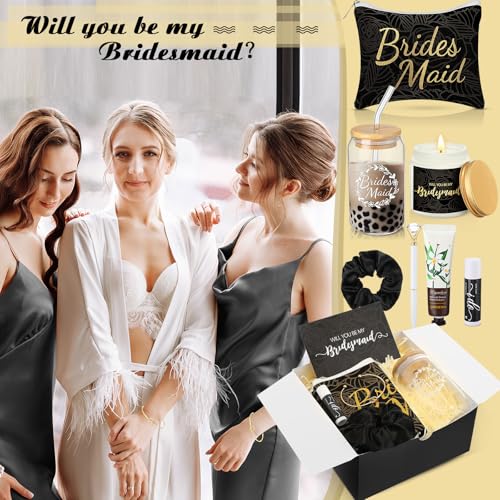 Meanplan 14 Pcs Bridesmaid Proposal Gifts Set, Will You Be My Bridesmaid Gifts with Proposal Box Glass Cup Makeup Bag Cards Lip Balm Hand Cream Candle Scrunchie Bracelet Diamond Pen for Wedding(Black)