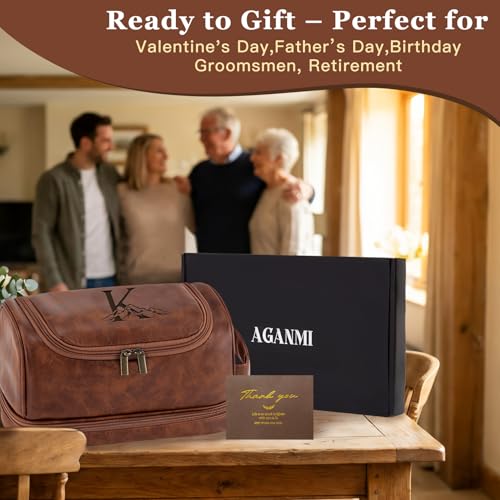Personalized Hanging Travel Toiletry Bag for Men, Laser-Engraved Monogrammed Initial Shaving Bag for Toiletries Valentines Anniversary Cool Gifts for Men Husband Boyfriend Reddish Brown T
