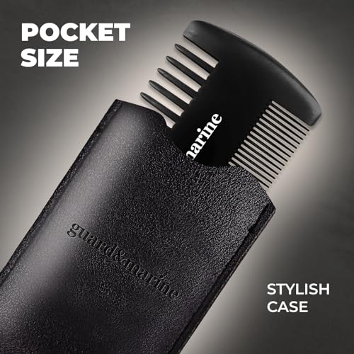 GUARD&MARINE Wooden Beard & Mustache Comb with Fine and Coarse Teeth - Pocket Size - Ideal for Use with Balms and Oils. Stylish and Convenient with a PU Leather Case (black)