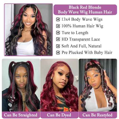 Black Red Blonde Highlight Wig Human Hair Body Wave Lace Front Wigs Human Hair Pre Plucked for Women 180% Density 13X4 HD Lace Frontal Blonde Red Highlights Glueless Colored Human Hair Wig 24 Inch