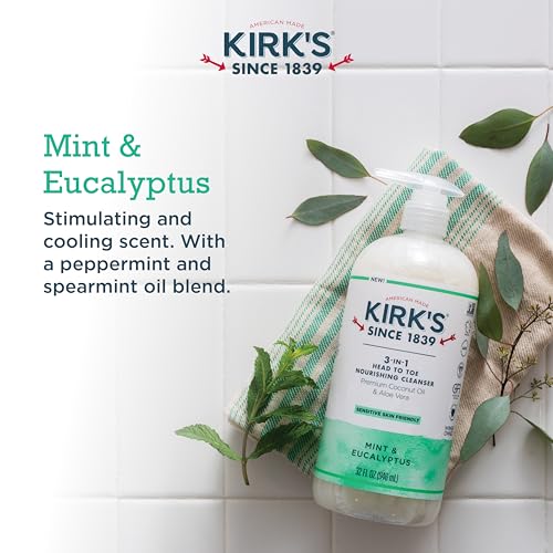 Kirk's 3-in-1 Liquid Soap Head-to-Toe Shampoo, Face Soap & Body Wash for Men, Women & Children | Mint & Eucalyptus Scent | 32 Fl Oz. - 2 Pack