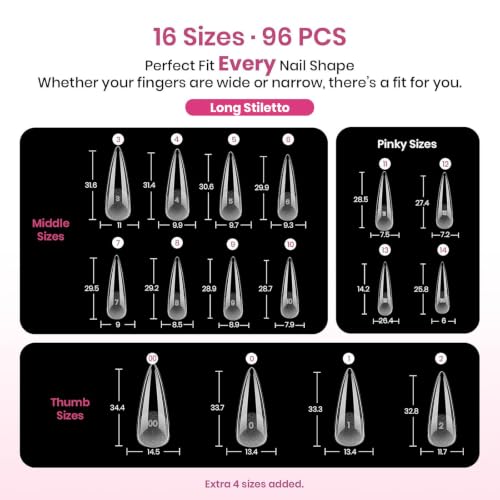 Beetles Tipex Lite Instant Apex Nail Tips Long Stiletto 96 pcs, 16 Sizes 00-14 (Variation: 1 - Long Stiletto)