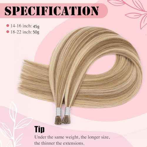Senmy Itips Hair Extensions Human Hair Brown mix with Blonde 22inch Silky Straight Real Human Hair I Tip Extensions 50g/pack I tip Hair Extensions Human Hair