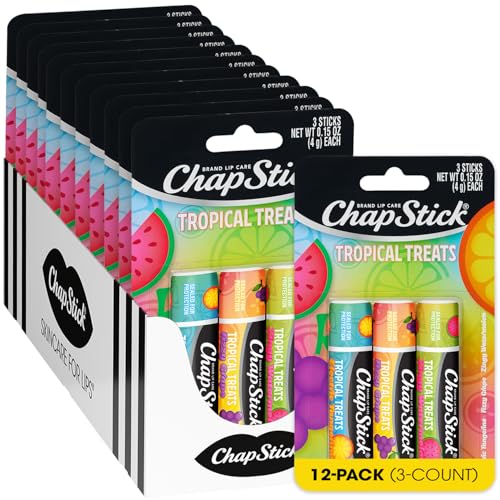 ChapStick Lip Care, Tropical Treats Collection (36 Sticks) ? Electric Tangerine, Fizzy Grape & Zingy Watermelon, Bulk Lip Balm, 0.15 Oz Ea