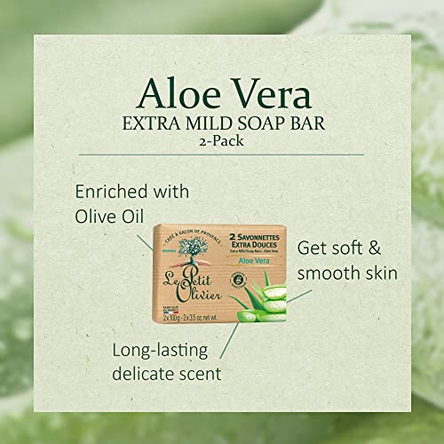 Le Petit Olivier Extra Mild Soap Bars - Aloe Vera - Gently Cleanses Skin - Delicately Perfumed - Vegetable Origin-Based - 2 Pc