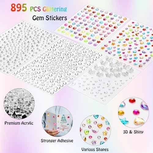 895 PCS Gem Stickers Rhinestones Pearls for Crafts, Festival Jewels Rave Accessories for Women, Glitter Small Stickers for Face Eye Hair Nail Body Makeup WUINOID