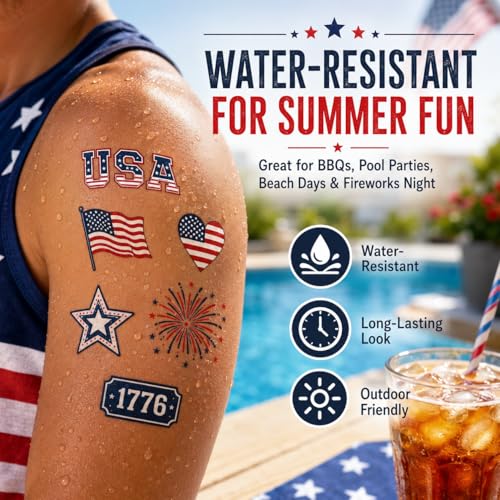4th of July Temporary Tattoos for Women | Waterproof Red White Blue