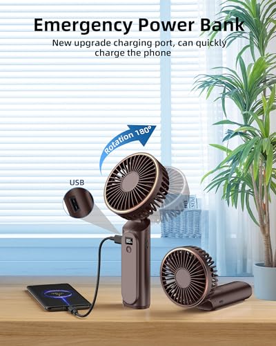 TUNISE Portable Handheld Fan, Portable Fan Rechargeable, 4000mAh, 180° Adjustable, 6 Speed Wind, Display Electricity in Real Time, USB Rechargeable Foldable Fan, Quiet Personal Fan with Power Bank