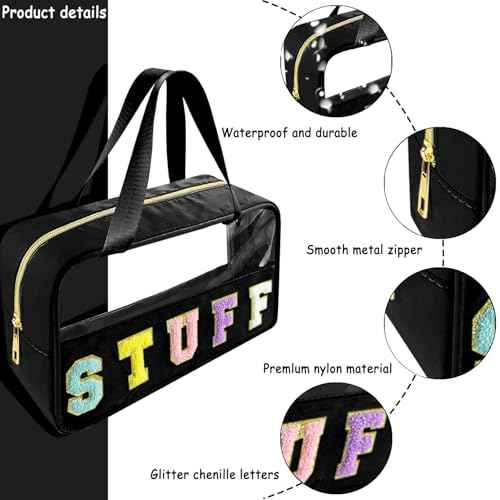 Chenille Letter Clear Makeup Bag Stuff Patch, Travel Toiletry Makeup Bag with Handle, Nylon Waterproof Makeup Bags clear cosmetic bag, preppy patch makeup bag for Women (STUFF-Black)