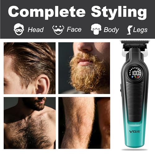 VGR Hair Trimmer for Men, Cordless Hair Clippers with 7000RPM Motor, Ceramic Titanium Blade Beard Trimmer, LED Display, USB Rechargeable Grooming Tool for Beard Hairline Detail, V-996(Green)