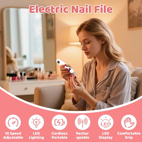 Electric Nail File,10 Speeds Cordless Nail Drill, Portable E Filer for Nails with LED Lighting, Battery Operated Rechargeable Power Nail File, Electric Nail Drill Kit for Thick Toenail Polishing