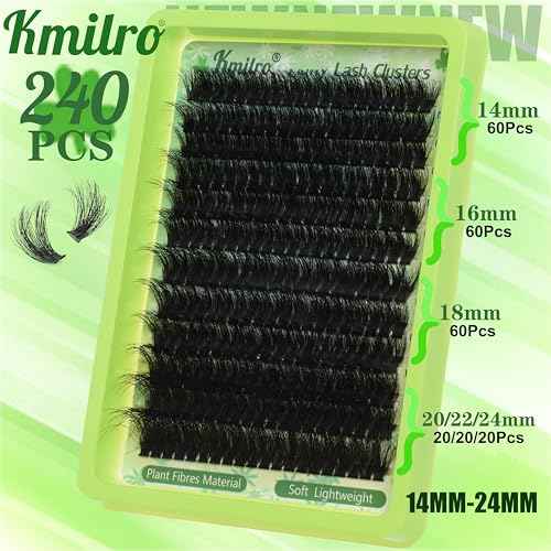 Kmilro Lash Clusters 14-24mm Thick Long Cluster Eyelash Extensions 180D D C Volume Eyelash Clusters 240pcs Individual Lashes Soft Wispy False Eyelashes DIY Lash Extension for Beginners
