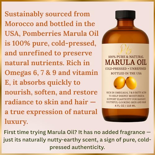 Marula Oil for Face, 100% Pure Cold-Pressed Unrefined, Moisturizing Skin & Hair Oil, Lightweight Non-Greasy Hydrating Face Oil- 4 fl oz Glass Bottle