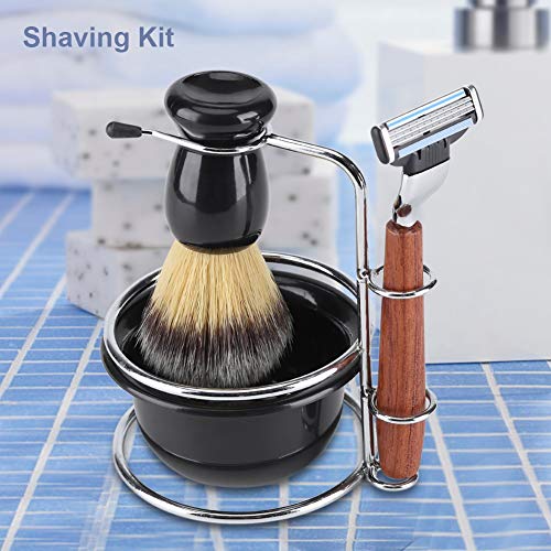 Goick Wet Shaving Kit, 4-Piece Manual Safety Razor with Badger Hair Brush, Stainless Steel Stand and Lathering Bowl Set, Premium Men's Grooming and Gift Set