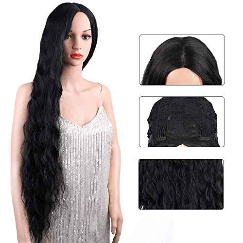 Long Black Wig for Women 36 inch Super Long Water Wavy Wigs Heat Resistant Synthetic Soft Wavy Fluffy Curly Wig for Daily Party Use Halloween Wig