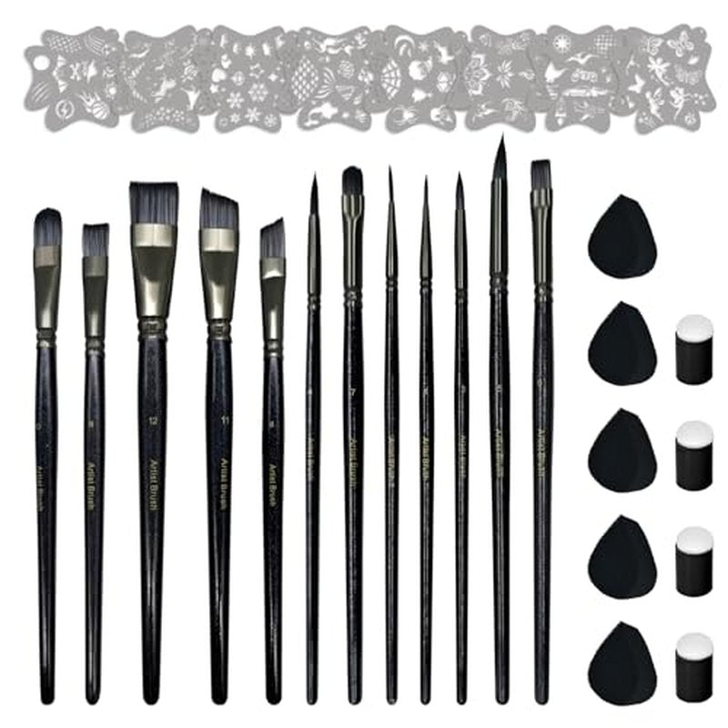 12 Pcs Paint Brushes Set for Adults & Beginners | Multi-Purpose Acrylic, Oil, Watercolor Paintbrushes | Fine Tip, Flat & Round Brushes for Canvas, Wood, Face Painting | with Art Stencils & Sponges