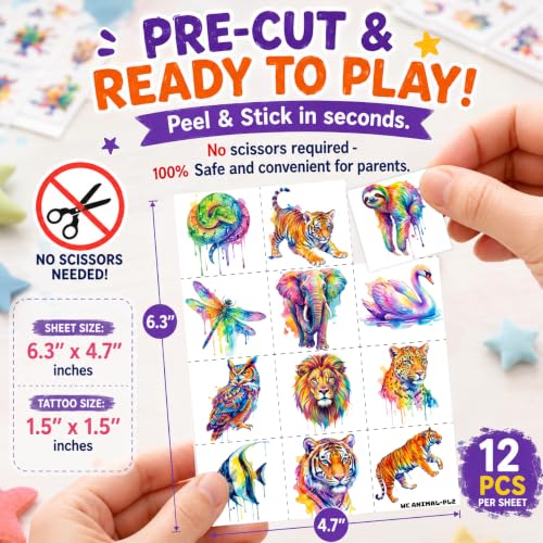 96 PCS Watercolor Animal Temporary Tattoos for Kids