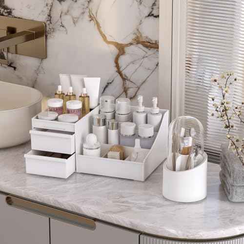 Makeup Organizer and Brush Holder Set with 3 Drawers, Space-Saving Cosmetic Storage for Vanity, Skincare, and Beauty Products - White
