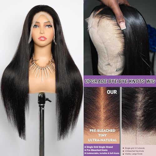 VIPbeauty 34 Inch Straight Human Hair Wigs 13x4 Lace Front Pre Bleached Tiny Knots Virgin Hair Natural Color