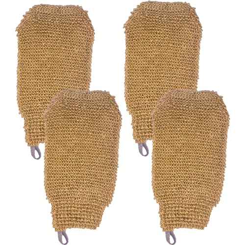 (4 Pack) Natural Exfoliating Hemp Bath Mitt Shower Gloves Loofah Washcloth Sponge Machine Washable Body Scrubber (ROUGHER Hemp)