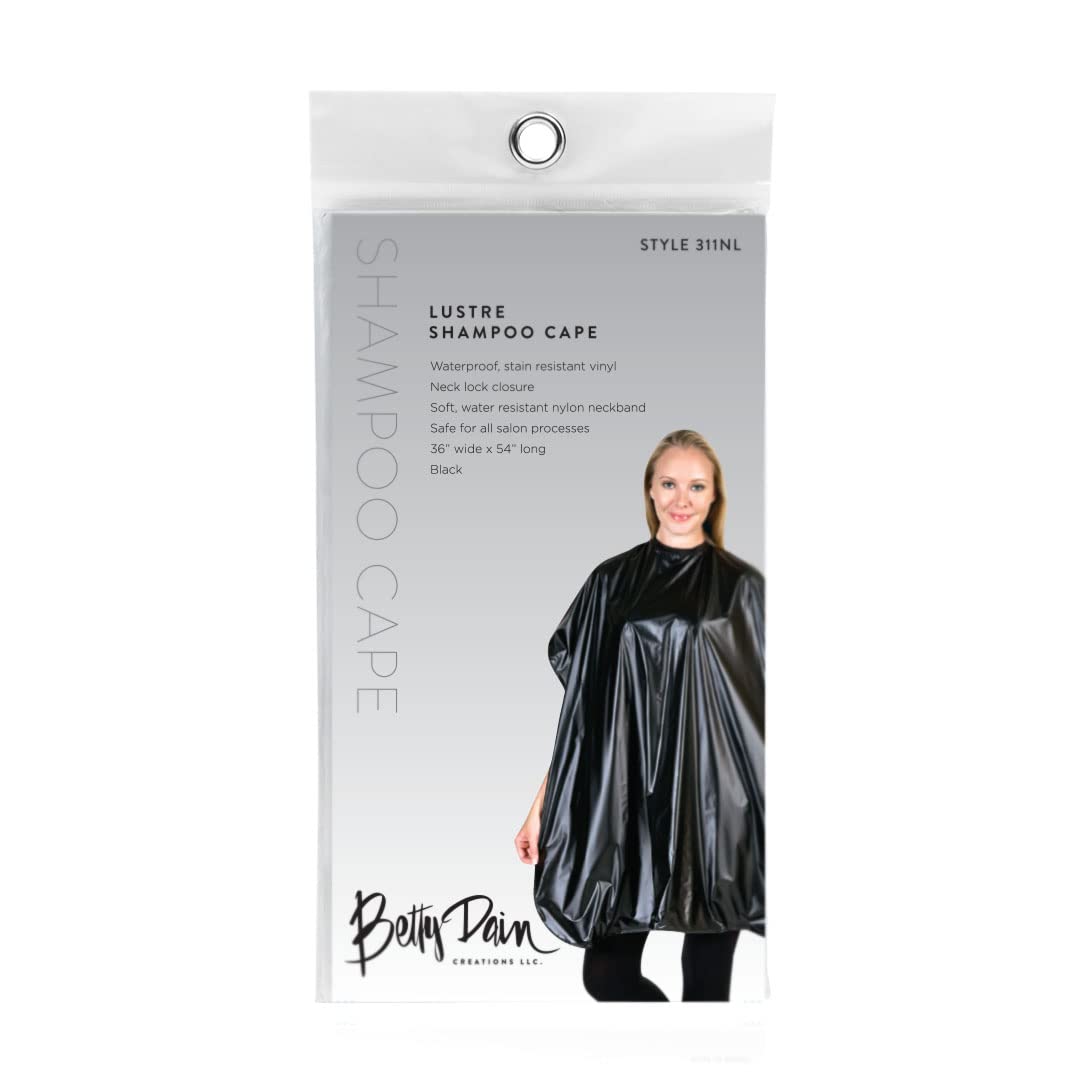 Betty Dain Lustre Shampoo Cape, Waterproof, Stain Resistant Vinyl, Touch-and-close Fastener, Soft Nylon Neckband, Safe For All Salon Processes, 36 inches wide x 54 inches long, Black