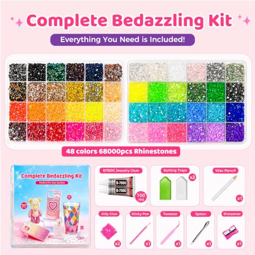68000Pcs Rhinestones 48 Colors Bedazzling Kit with Glue & Tools