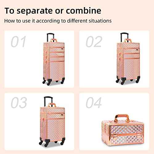 Rolling Makeup Case 4 in 1,Professional Makeup Train Case organizers,Large Storage Cosmetic case Trolley,Makeup Travel Case for Salon Barber Rose Gold,Pink