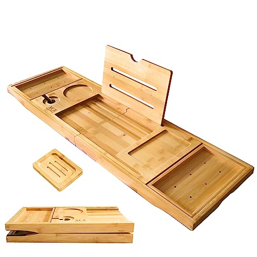Bamboo Bathtub Caddy Tray - Expandable to 41", Book Stand & Wine Holder