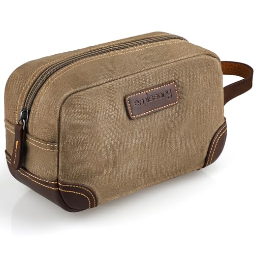 Men's Canvas Toiletry Bag with Leather Handle - Water-Resistant Dopp Kit