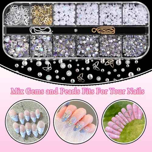 3D Assorted Nail Charms Gems, Bow Bowknot Butterfly Flower Acrylic Nail Art Charms, Half Round Nail Pearl and Rhinetones Charms for DIY Nail Art Accessories