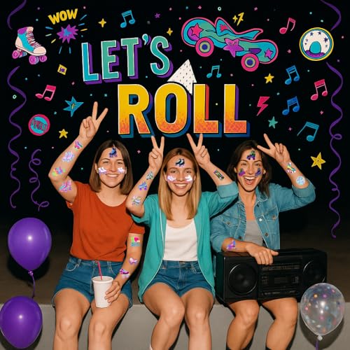 8 Sheets (96PCS) Neon Roller Skate Temporary Tattoos 80s 90s Theme Birthday Party Decorations Supplies Favors Stickers for Kids Girls Boys Gifts Classroom School Prizes Rewards