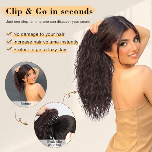 Brown Curly Ponytail Extension 18" Claw Clip Synthetic Hair