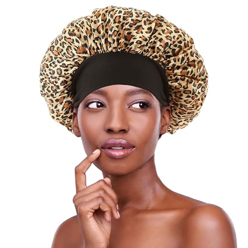 12 Pieces Satin Bonnet Hat For Women Sleeping Shower Caps Curly Hair Silky Bonnet Hair Wrap (Leopard)