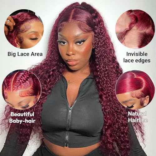 Estilar 99j Burgundy Deep Wave Lace Front Wigs Human Hair 200 Density 13x6 HD Lace Frontal Wigs Pre Plucked Deep Curly Glueless Wigs Human Hair with Baby Hair for Women Red Color 32 Inch