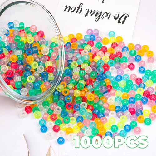 Auvoau 1000Pcs Glow in The Dark Pony Beads 9mm Plastic Kandi Beads Bulk for Friendship Bracelet Necklace Craft Jewelry Making Beads for Hair Braids 9 Color