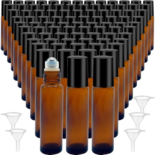 100 Pcs Essential Oil Roller Bottles 10ml Empty Glass Roller Bottles with Stainless Steel Roller Balls Protection Leakproof with 5 Funnel for Travel, Roller Balls For Essential Oils(Brown)