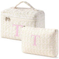 HBselect 2Pcs Initial Quilted Makeup Bag, Pink Cosmetic Travel Toiletry Bag, Flowers Coquette Zipper Make Up Pouch Organizer Teen Girl Gift Trendy Stuff T